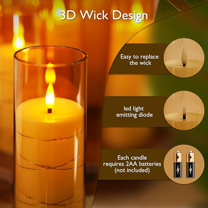 Raycare Flameless Candle with Remote Timer – 5 Flickering Acrylic Battery Operated LED Pillar Candles with Embedded Star String for Christmas, Home Decor, and as a Gift(Glod)