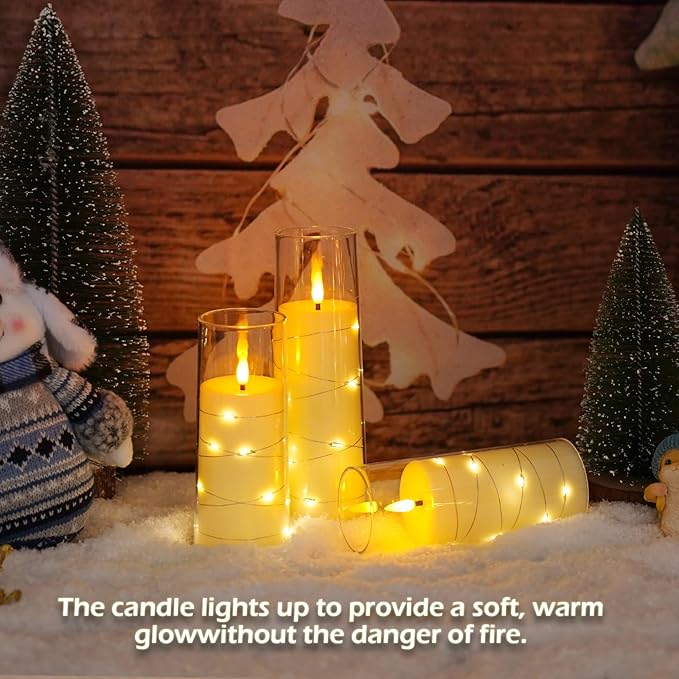 Flameless Candles,with Embedded Star String, Battery Operated Candles Flickering LED Pillar Candles with Remote Control and Timer, Home Decoration Add a Warm and Romantic Atmosphere，Set of 7 (Ivory)