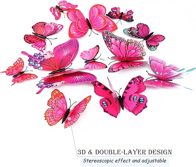 Butterfly Wall Decor 24/48 PCS, 3D Butterflies Stickers for Party Decorations with Magnets (Purple&red, 48)