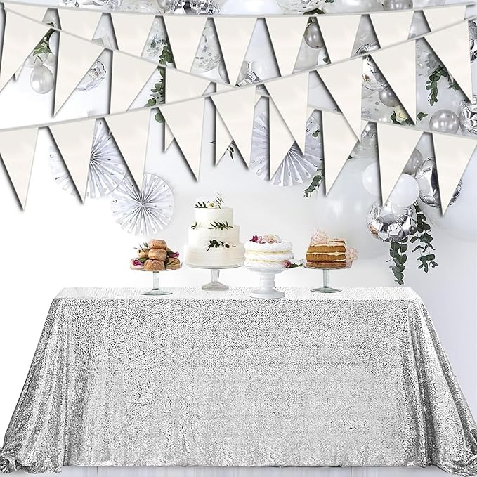 40M/130FT White Triangle Pennant Banner Flag Metallic Fabric Bunting Garland for Christmas Graduation Wedding Engagement Anniversary Bachelorette Birthday Bridal Shower Valentines Hen Party Supplies