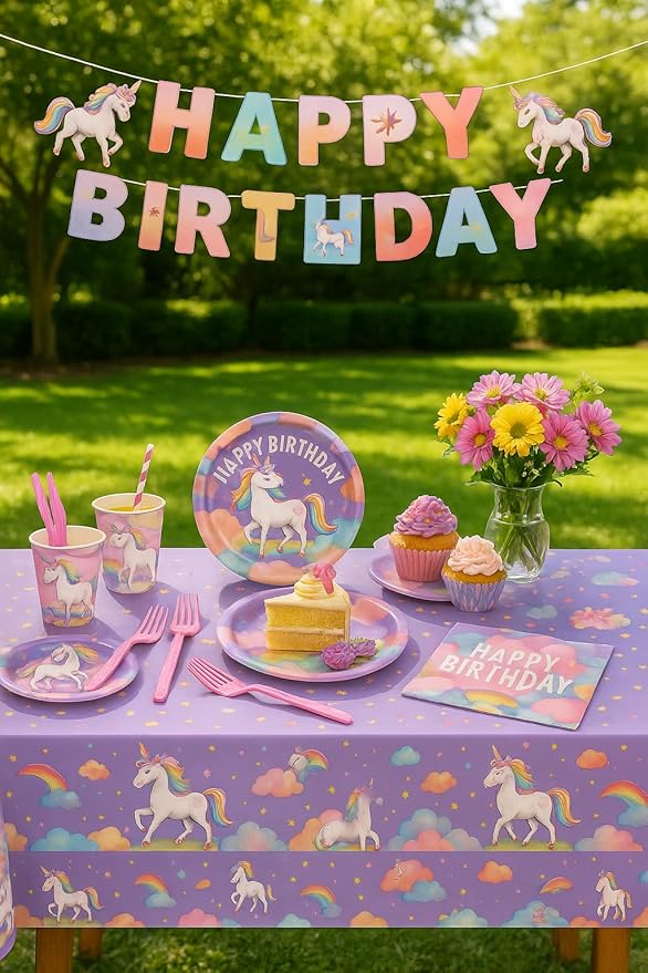 Unicorn Birthday Party Supplies Kit – 146 PCS Unicorn Party Decorations for 24 Guests, Includes Plates, Cups, Napkins, Banner, Cutlery, Tablecloth, Straws – Rainbow Theme for Girls & Boys