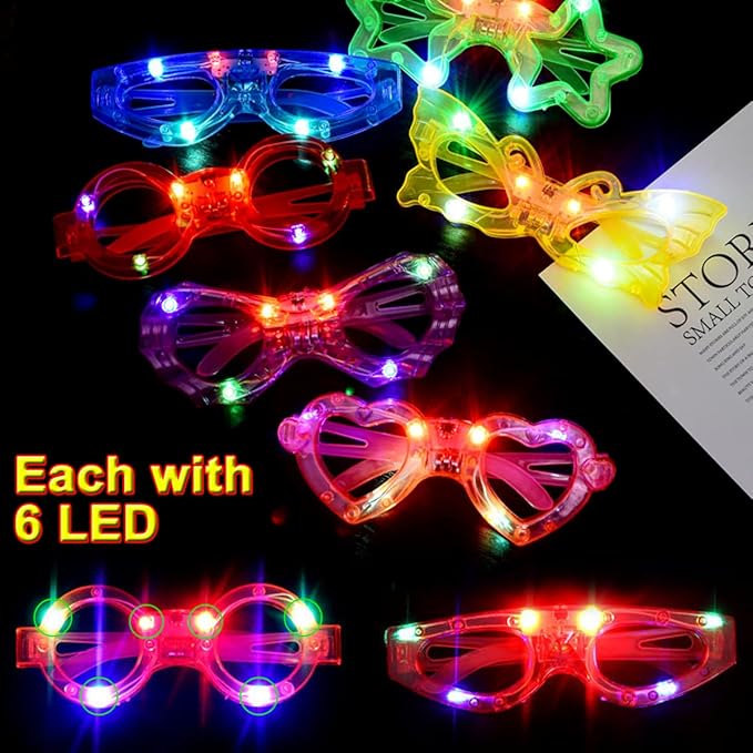 24 Packs LED Glasses for kids Glow in the dark Party Supplies Favor,6 LED 6 Shapes Glasses Flashing Plastic Light up Glass Toys Bulk 3 Replaceable Battery fit Halloween Christmas Thanksgiving