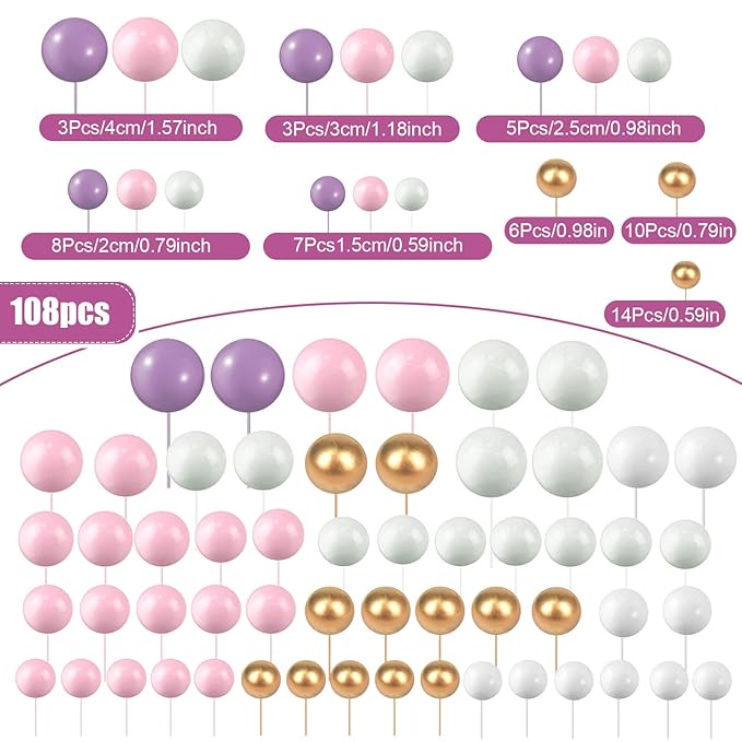 108 Pcs Balls Cake Topper DIY Cupcake Insert Foam Balloons for Cake Baking Wedding Anniversary Birthday Decoration(Pink, Purple, White, Gold,Multi Sizes)