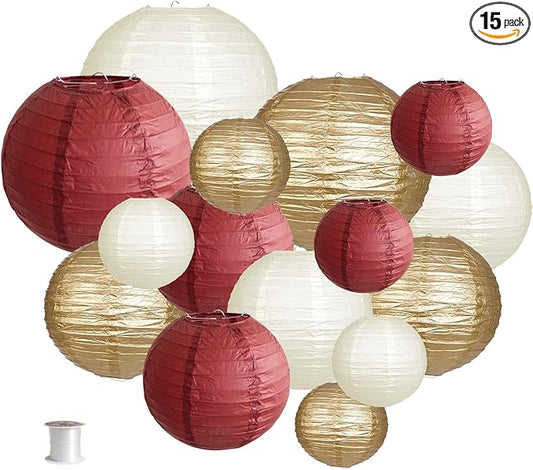 Paper Lanterns Party Decorations, Round Hanging Paper Lanterns Decorations for Graduation Bachelorette Wedding Birthday Party Supplies Maroon/Gold/Ivory 15pcs