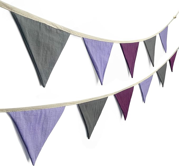 2 Sets of Purple Grey Nursery Garland 24Pcs Grey Purple Fabric Linen Pennant Banner Flags Triangle Streamers for Baby Playroom Decor Kids Girls Lavender Birthday Baby Shower Boho Party Decorations