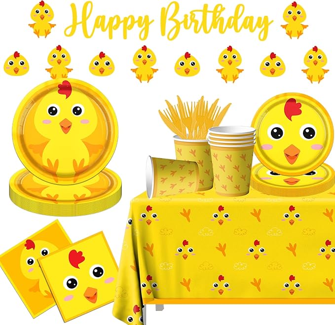 Chicken Farm Tableware Decoration, 142pcs Yellow Chick Theme Birthday Plates and Napkins Supplies