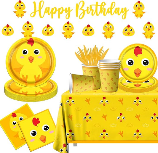 Chicken Farm Tableware Decoration, 142pcs Yellow Chick Theme Birthday Plates and Napkins Supplies