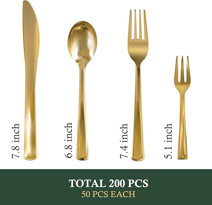 Neatiffy 200 Pcs Gold Plastic Silverware Disposable Cutlery Set, Includes 50 Forks, 50 Spoons, 50 Knives, 50 Medium Forks, Utensils Set for Catering, Parties, Dinners, Weddings