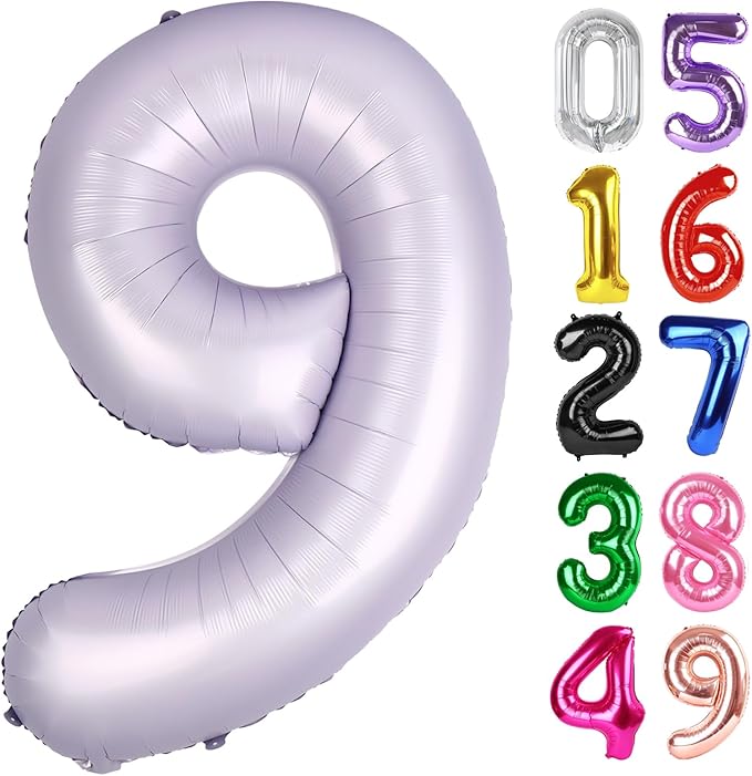 Lilac Number 9 Balloon 40 Inch, 9th Birthday Party Decorations for Children, Giant 9 Foil Balloon for Party Supplies