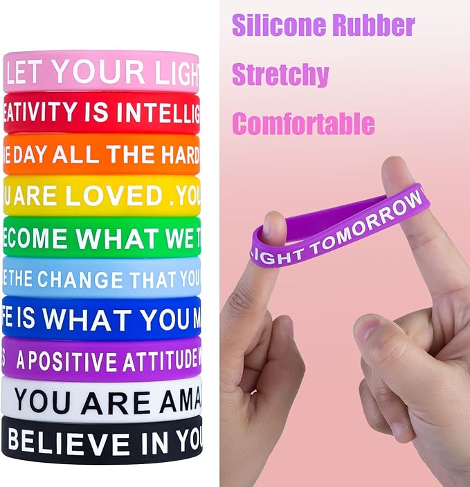 QEERBSIN Motivational Quote Bracelets- 20 Pcs Silicone Bracelets bulk Inspirational Wristbands-Stretch Unisex Wristbands for Student Graduation Gift from Teacher for Kids Children