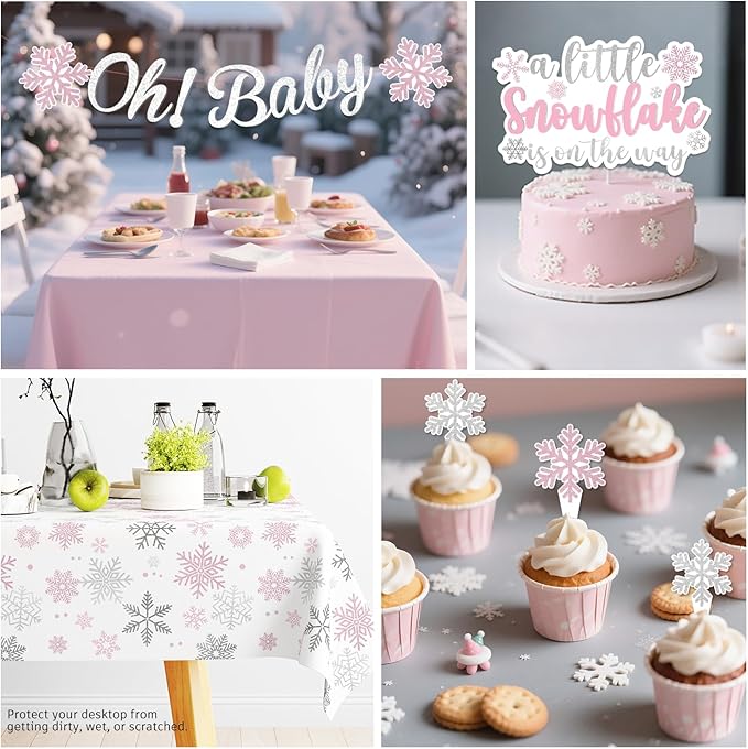 227pcs Winter Baby Shower Decorations, All-in-one Winter Supplies Pack Includes 20 Tableware, Pink A Little Snowflake Is on The Way Backdrop Tablecloth, Baby Its Cold Outside Baby Shower Decorations