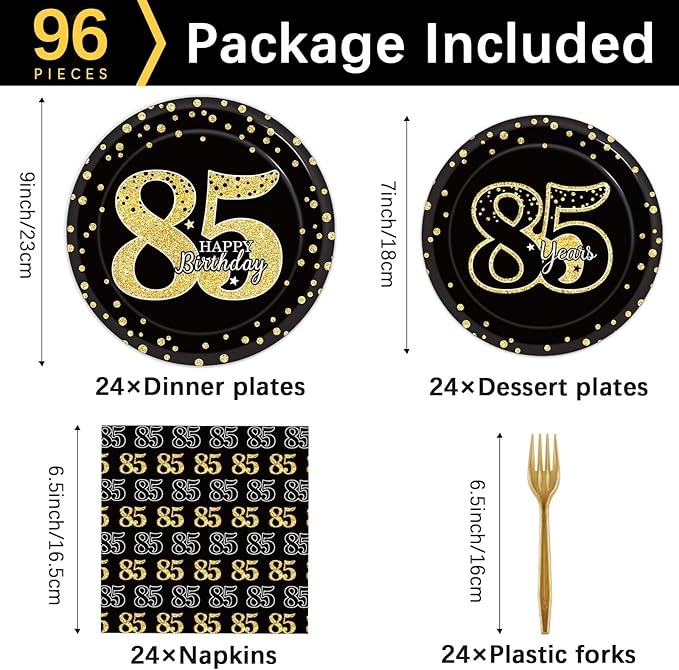 96 Pcs 85th Birthday Party Supplies - Tableware Plates, Cheers to 85 Years Table Decorations, Dinnerware, Happy 85th Birthday Party Favor for 24 Guests