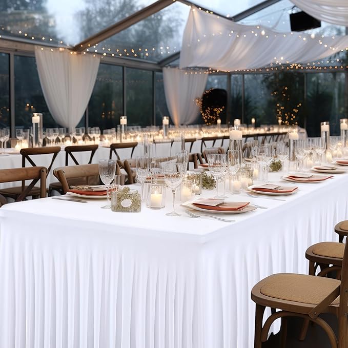 1 Pack White Table Clothes for 4 Foot Rectangle Tables, One-Piece Wrinkle Resistant Stretch Spandex Table Covers with Skirt for Event Banquet Wedding Birthday Party
