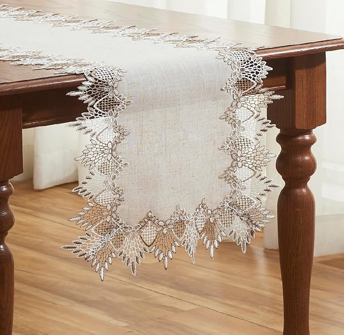 Natural Linen Table Runner 120 inches Neutral Earth Tones Beige Lace Handcrafted Coffee Table Runners Dresser Scarf for Spring Easter Summer Kitchen Wedding Party (Natural, 16”x120”)