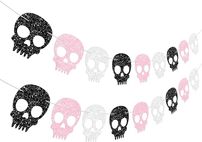 2PC Black/Silver/Pink Skull Garland for Halloween Party Decorations Glitter Skull Banner for Girl/Women Gothic Birthday Decorations Supplies