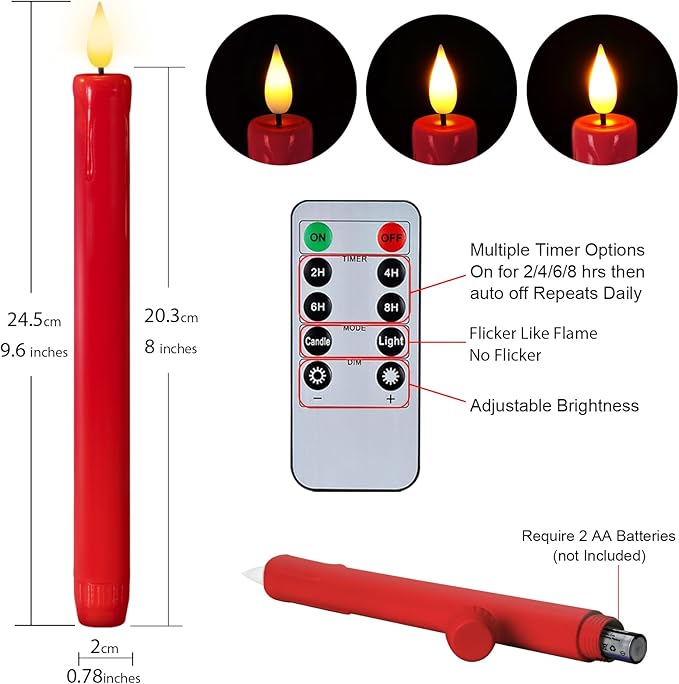 Homemory 6 Pcs Flameless Taper Candles with Remote Timer Dimmer, Red Battery Operated Candlesticks Flickering, Plastic Led Taper Candles Realistic, 9.6 Inches for Party Holiday Celebrations Christmas