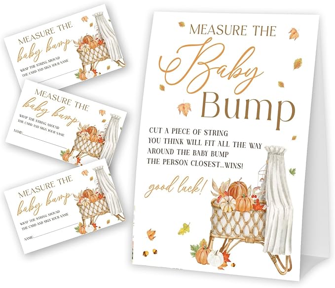 Baby Crib Measure The Baby Bump - Thanksgiving Baby Shower Card Set (1 Sign With 50 Guess Cards), Fall Pumpkin Gender Reveal Party Favor Supplies -A27