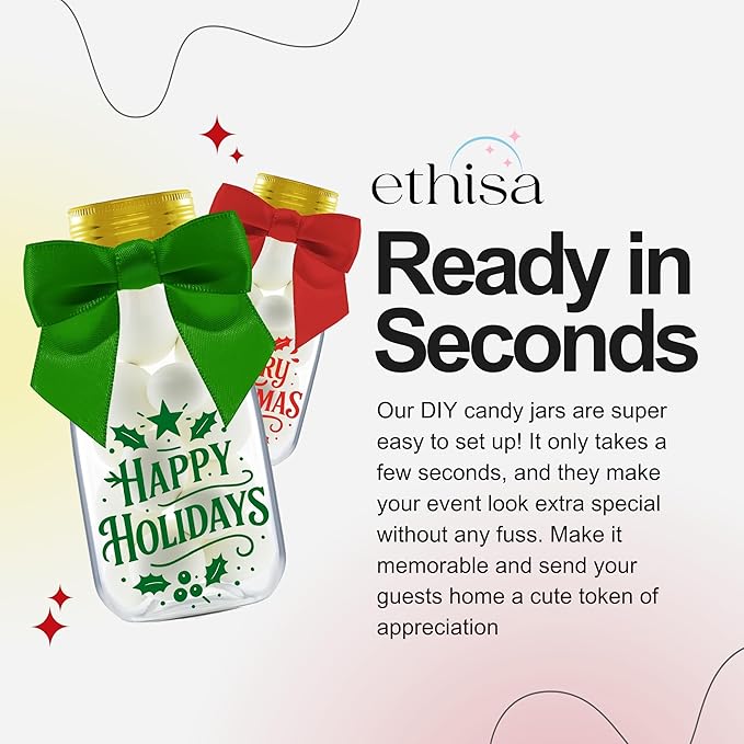 12 Pack Christmas Candy Jars with Ribbons and Stickers - DIY Party Favor Containers for Holiday Parties, Classroom, Stocking Stuffers, and Table Decorations