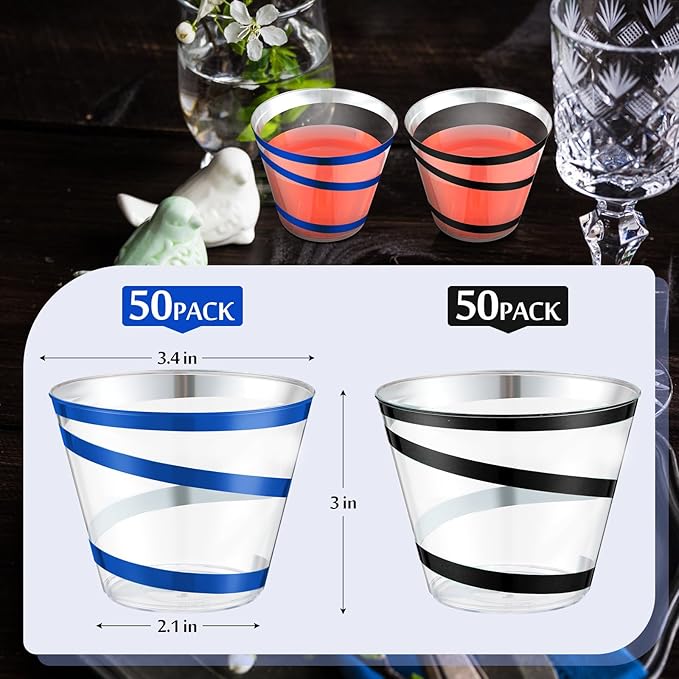 Gejoy 9 oz Rimmed Swirl Plastic Cups Disposable Wine Drinking Cups Clear Elegant Halloween Tumblers for Christmas Party Supplies(Black, Blue,100 Pcs)