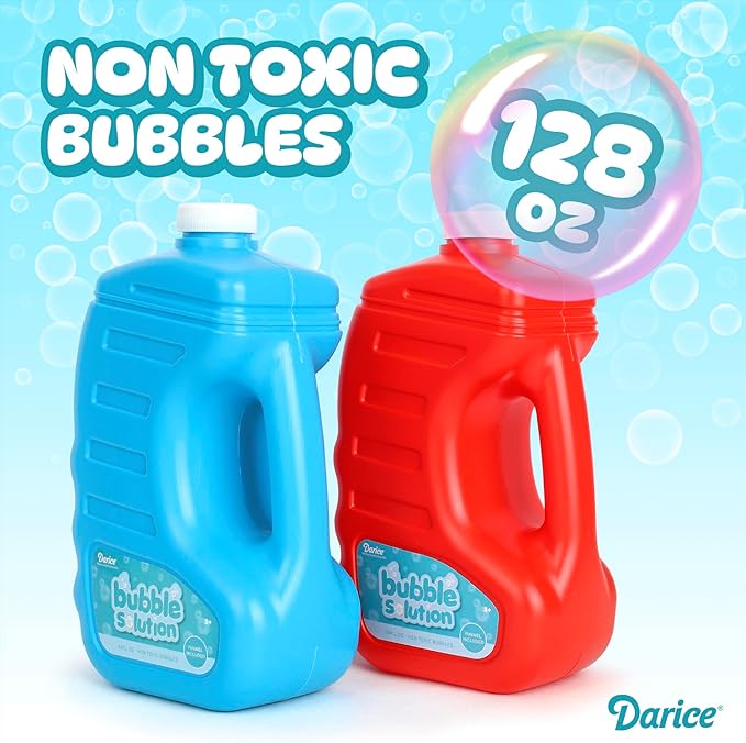 Darice 2 Pack 128oz Bubble Solution Refill for Bubble Machines & Blowers - Easter, Weddings, Birthdays, Outdoor - 4 Big Bubble Wands Included - Non-Toxic Safe for Toddlers & Kids, Colors May Vary