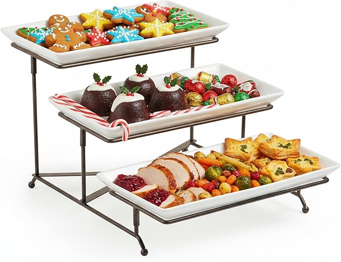 LAUCHUH 3 Tier Serving Tray Porcelain Tiered Serving Stand Collapsible Sturdier Rack Serving Platters with 2 Cross Bars for Thanksgiving, Christmas, Fruit Dessert Party Display Set, 12 Inch, Bronze