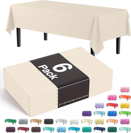 Party Solids 6-Pack Premium Plastic Tablecloth 54in. x 108in. Rectangle Plastic Table Cover - Ivory