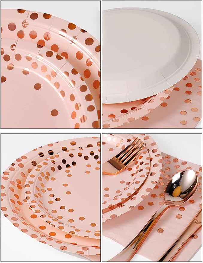 141 Pieces Pink and Rose Gold Party Supplies, Disposable Party Decorations Sets Include Paper Plates Napkins Cups, Plastic Forks Knives Spoons, for Baby Shower Birthday Wedding -20 Guests