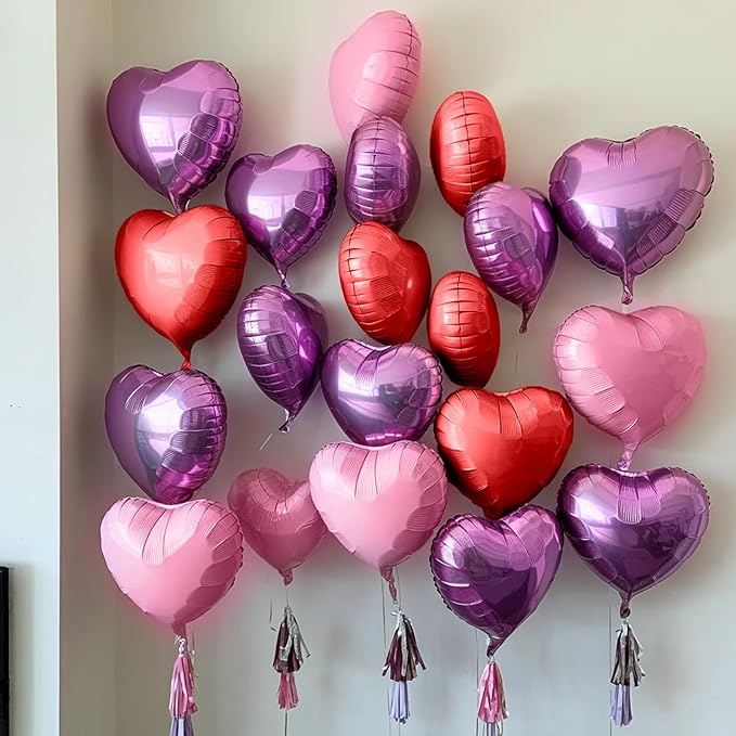 Pink Purple Heart Balloons, 19PCS Light Purple and Red Pink Heart Shape Balloon, 18Inch with 10Inch Purple Pink Helium Foil Love Balloon for Girls Birthday Marriage Wedding Mother's Day Decoration
