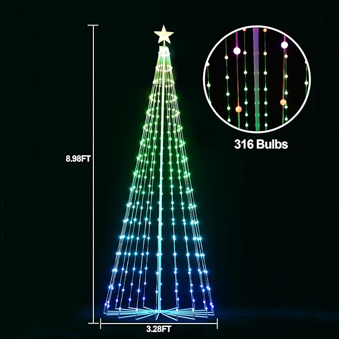 Outdoor LED Christmas Tree 9ft, Large RGB Bulbs with Chasing Flowing Light Effect, Smart APP & Remote Control, DIY Multi-Color Light Show, Waterproof IP44 for Yard Holiday Decoration