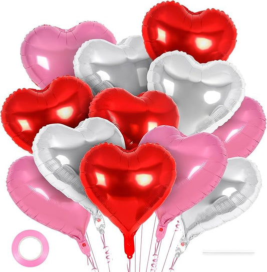 12 Pcs Red Pink and Silver Heart Balloons,18 Inch Heart Foil Balloons Love Balloon Valentine Balloon for Birthday Party Wedding Engagement Party Baby Shower Valentine Day Decorations