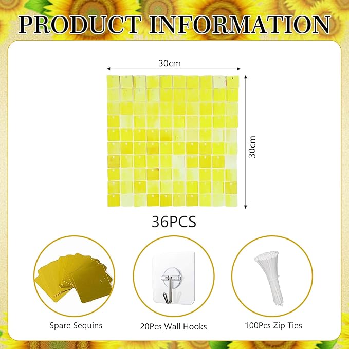 36 PCS Colorful Yellow Shimmer Wall Backdrop, Square Sequin Photo Backdrops Panel, Glitter Wall Background for Birthdays, Weddings, Halloween, Engagements, Disco Bachelorette Party Decoration (6x6FT)