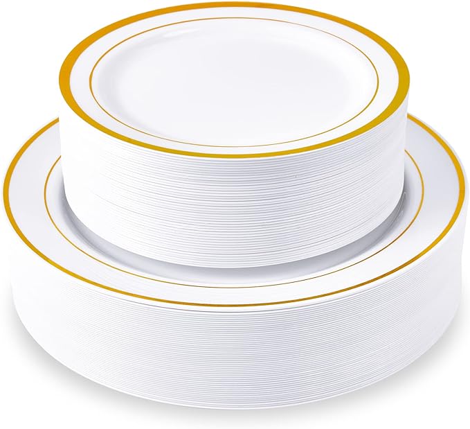 JollyPack 100 Piece Disposable Gold Plastic Party Plates, Including 50 10 Inch Dinner Plates and 50 7 Inch for Dessert, Great for Parties, Weddings, Home Use, and Thanksgiving