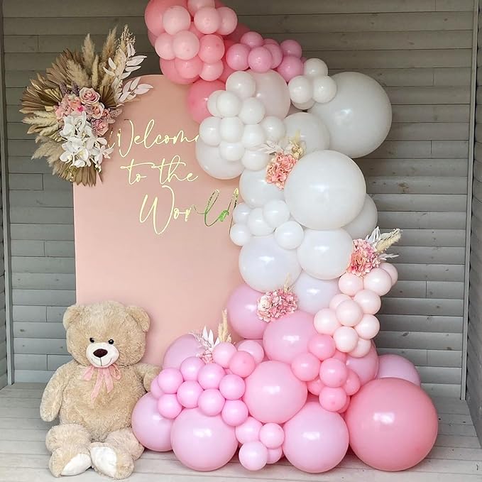 Biapian Pink & White Metallic Chrome Confetti Latex Balloons - 12 Inch Ribbon Party Balloons Set for Girls' Birthday Princess Parties