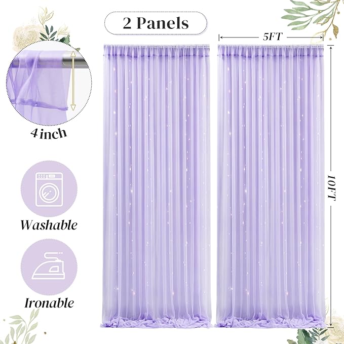 10ft x 10ft Purple Backdrop Curtain with Lights String for Parties, Sheer Tulle Wedding Photo Backdrops Drapes for Baby Shower Birthday Party Decorations Background for Photography