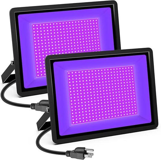 Black Lights 500W LED Flood Light with Plug(6ft Cable), IP66 Waterproof Black Lights for Party, Stage Lighting, Aquarium, Body Painting, Halloween, Neon Glow in The Dark (2 Pack)