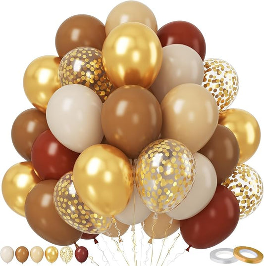 Paready Brown and Gold Balloon Set, 50Pcs 12 Inch Tan Apricot Sand White Metallic Confetti for Bridal Shower Baby Shower Fall Birthday Party Decorations