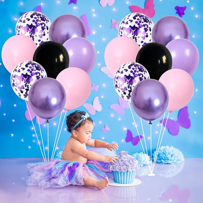 Purple Pink Balloons 12 Inch Purple Pink Black Balloons 35 Pcs Mermaid Halloween Balloon Set with Metallic Confetti Balloon for Girls Wedding Bride Shower Baby Shower Birthday Party Decorations
