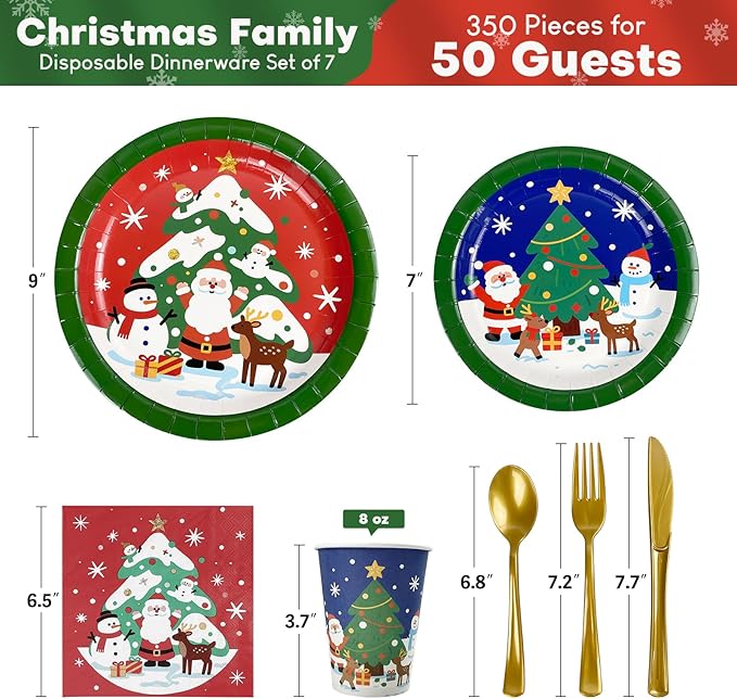 Christmas Paper Plates Disposable w/Napkins Cups & Cutlery, 50 Serves Santa Dinner Plates Sets, Heavy Duty Christmas Plates Disposable Supplies for Family, Winter Holiday Party Decrorations 175 pcs