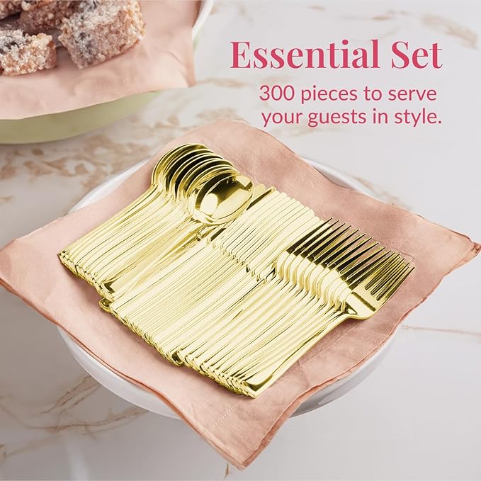 Prestee 300 Count Gold Plastic Silverware Set - Heavy Duty Disposable Cutlery with 100 Forks, 100 Spoons, and 100 Knives - Elegant Gold Plastic Forks and Spoons for Weddings, Holidays, and Parties