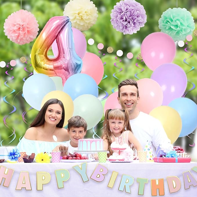 BRT Bearingshui 4th Birthday Decorations - 40 Inch Rainbow Gradient Number 4 Balloon, Happy Birthday Banner, Children's Party Supplies for Kids