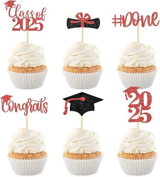 24Pcs Graduation Cupcake Toppers Glitter Congrats Grad Diploma 2025 Cap Cupcake Picks Class of 2025 Cake Decorations for 2025 Graduation Theme Party Supplies(red)