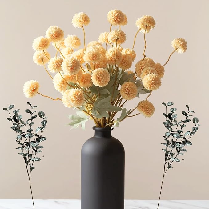 Yellow Flowers Artificial Long Stems Kiku Flower With Eucalyptus, Spring Flowers Decor, Mustard Yellow Decor, Flores Amarillas Artificiales Para Decoracion, Faux Easter Spring Summer Floral Stems
