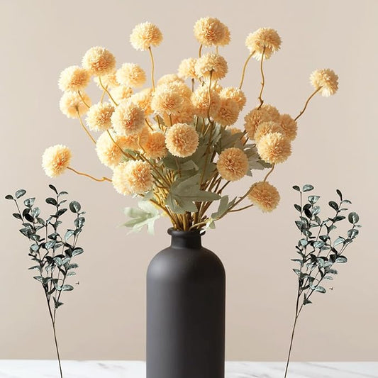 Yellow Flowers Artificial Long Stems Kiku Flower With Eucalyptus, Spring Flowers Decor, Mustard Yellow Decor, Flores Amarillas Artificiales Para Decoracion, Faux Easter Spring Summer Floral Stems