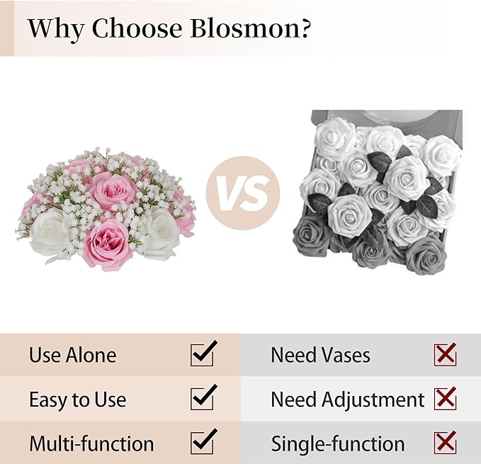 BLOSMON Flowers Balls Wedding Centerpiece: 10 Pcs Pink Rose Babys Breath Artificial Flowers for Table Decorations Silk Kissing Floral Bouquet Arrangements for Home Party DIY Decor