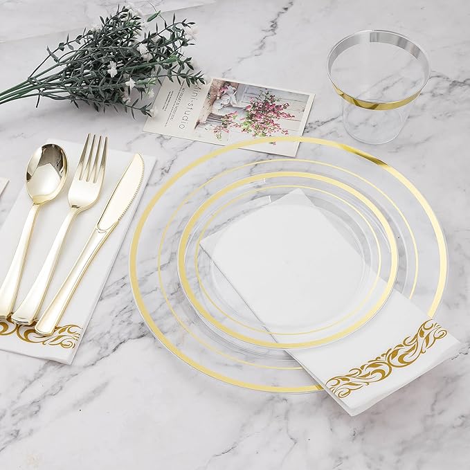 BESTVIP 175PCS Clear Gold Disposable Dinnerware Set for 25 Guests, Plastic Plates for Party, Wedding, Christmas, Halloween, Include: 50Plastic Plates, 25 Gold Silverware, 25 Cups, 25 Napkins