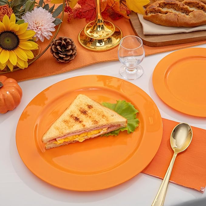 FLOWERCAT 60PCS Orange Plates - Heavy Duty Orange Plastic Plates Disposable for Thanksgiving & Halloween Party - Serve 30 Guests 10.25inch and 7.5inch