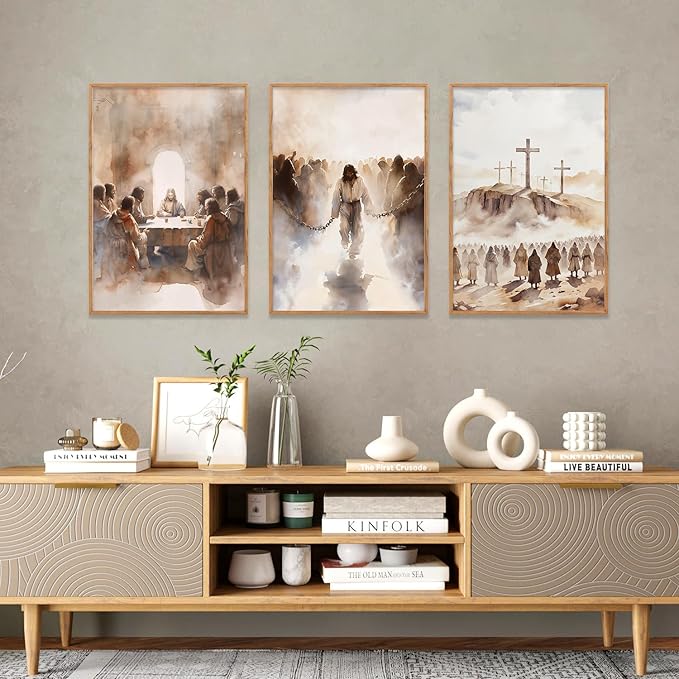 LHIUEM Large Jesus Neutral Framed Canvas Wall Art Set,Christ Church Wall Decor,Christian Bible Story Religious Easter Last Supper Artwork for Living Room,Churches,Prayer Room Decor- 24''x36''x3