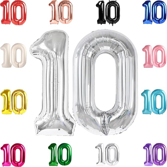 10 Balloon Number, Silver Number 10th Birthday Balloons 40 Inch, 10 Years Old Silver Birthday Decorations for Boys Girls, 10th Anniversary Decorations