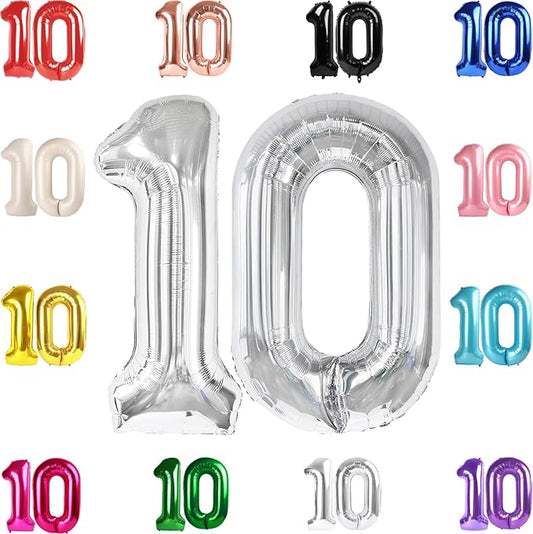10 Balloon Number, Silver Number 10th Birthday Balloons 40 Inch, 10 Years Old Silver Birthday Decorations for Boys Girls, 10th Anniversary Decorations