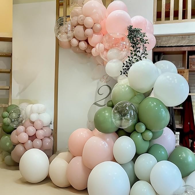Dusty Pink Green White Balloons for Fairy Birthday Party Decorations 60PCS 12INCH Light Pink Sage Olive Green Clear Helium Latex Balloons for Arch Woodland Decor Butterfy Wildflower Baby Shower